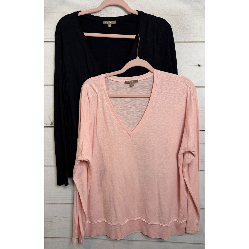 Lilla P Womens Long Sleeve V-Neck T-Shirt Bundle Pink Black Size Large Slub Knit